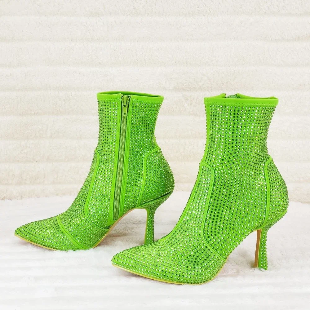 Stunning Bright Green Stretch Rhinestone Ankle Boots 3.5" Kitten Heels_5